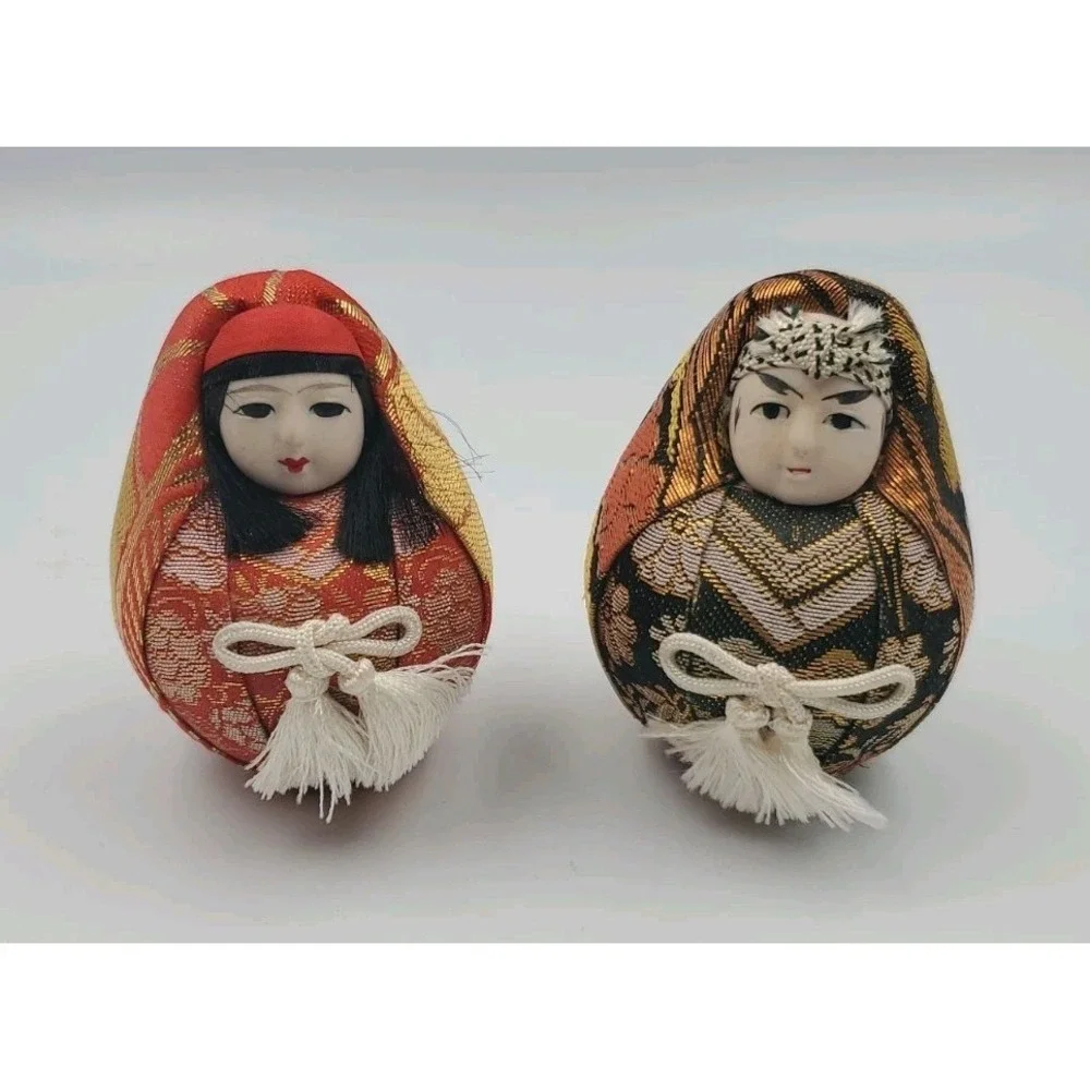 Vintage Couple Japanese Wedding Hime Daruma Dolls Round Shelf Statue Display